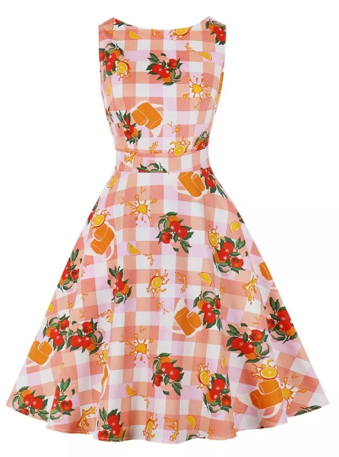 Rochie Vintage Cu Decolteu Rotund Cu Flori Roz