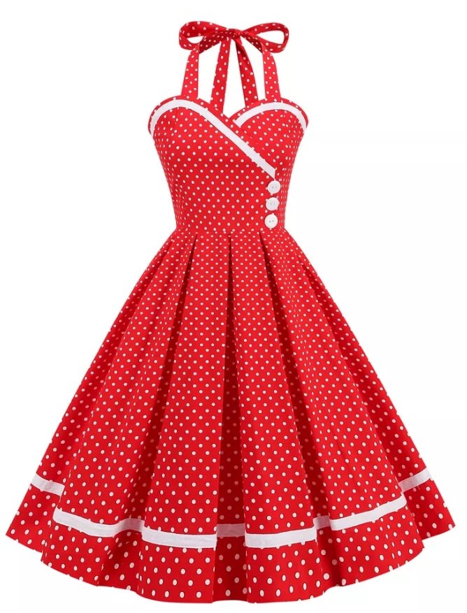Rochie Roșie De Epocă Cu Buline Cu Gât Rotund