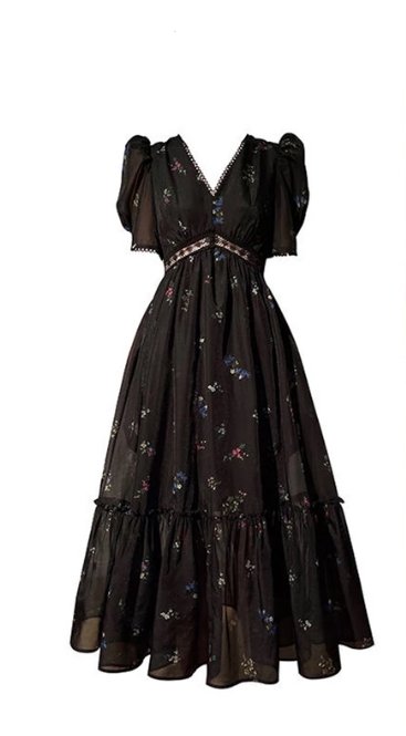 Rochie Neagră Vintage Cu Decolteu În V