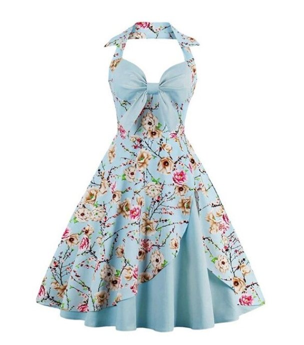 Rochie Vintage Plus Marime Bej Albastru Flori