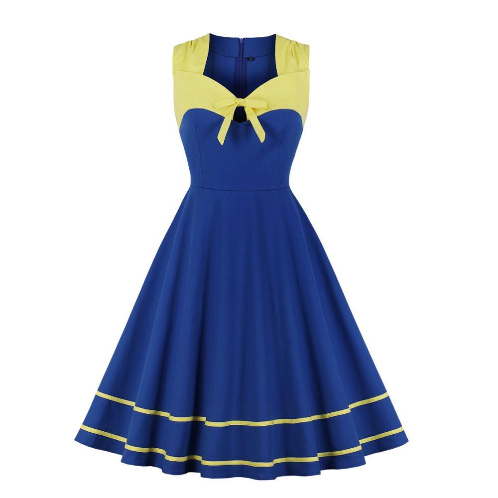 Rochie Vintage Plus Marime Retro Galben Albastru