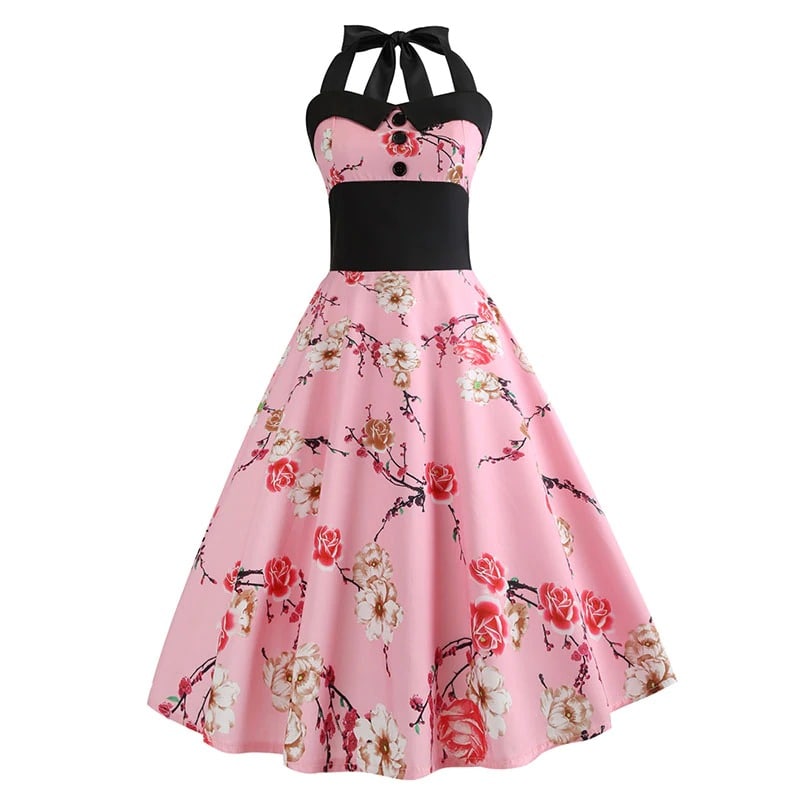 Rochie Pin-Up Roz Vintage Cu Flori