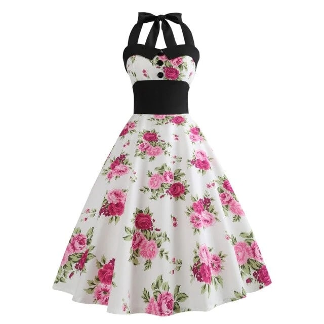 Rochie Pin-Up Albă De Epocă Cu Flori