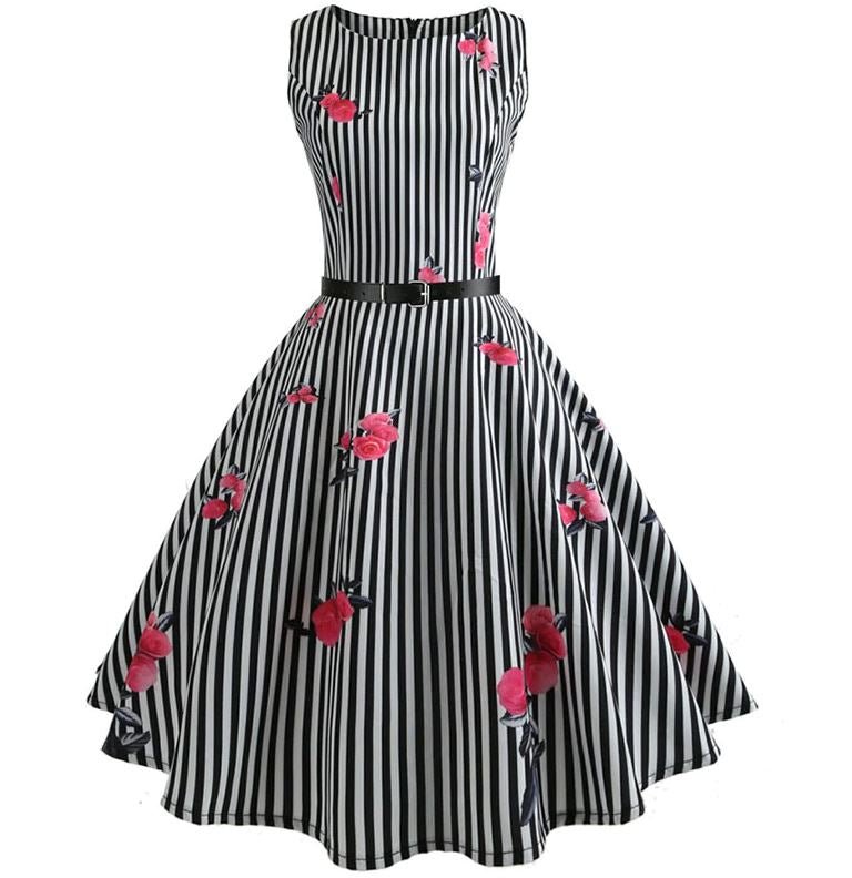 Rochie Vintage Cu Dungi Alb-Negru