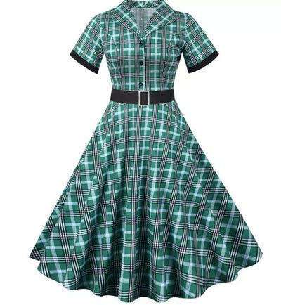 Rochie Vintage Cu Dungi Verzi Și Negre