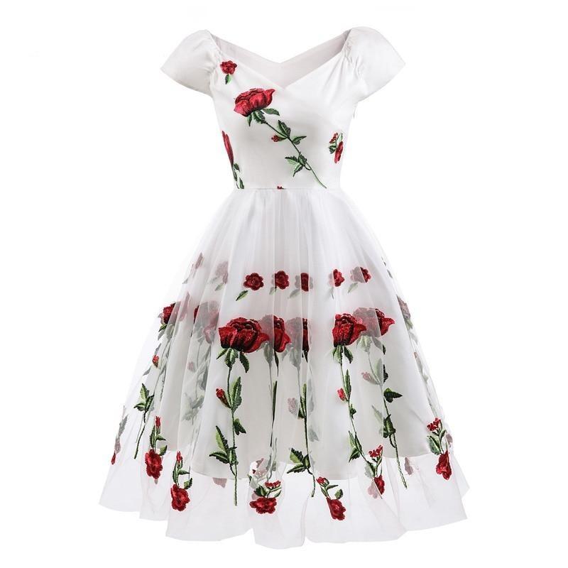 Rochie Vintage Rockabilly Dantela Albă