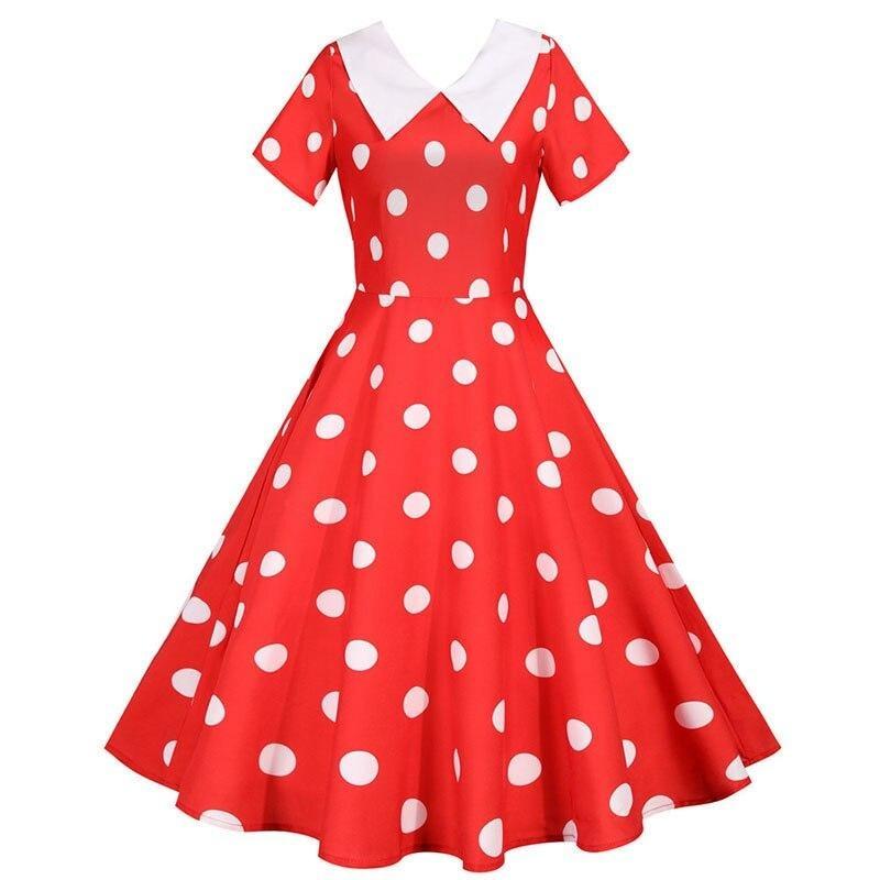 Rochie De Epocă Roșie Cu Buline Cu Gât Larg