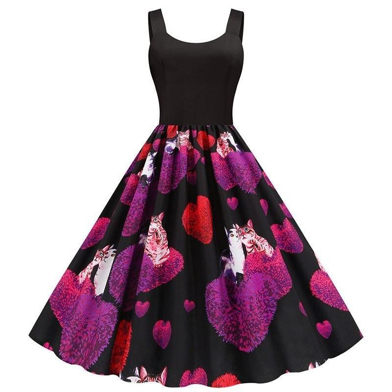Rochie Vintage Neagră De Valentine's Day Pisici